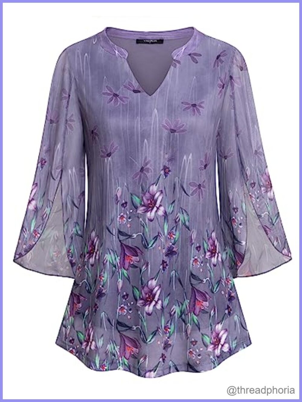 Women's 3/4 Sleeve Floral Tunic Top V Neck Double Layer Mesh Blouse
